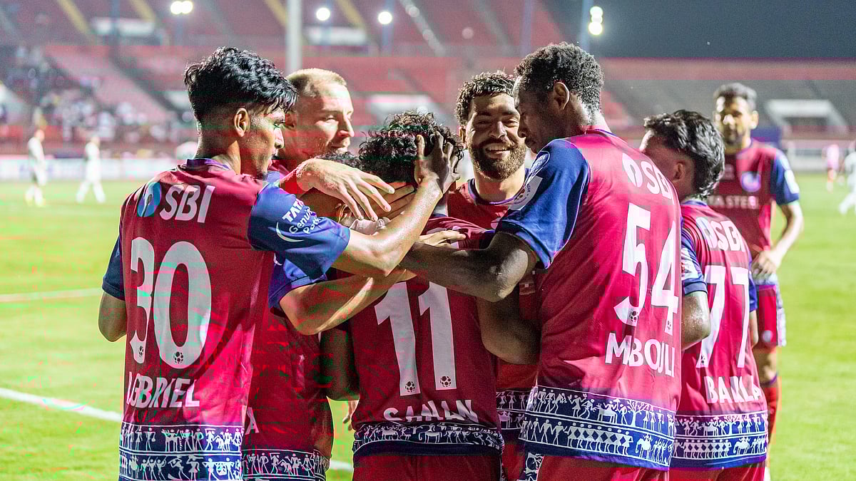 Jamshedpur FC players celebrate Mohammed Sanan's goal against Chennaiyin. - Photo: ISL