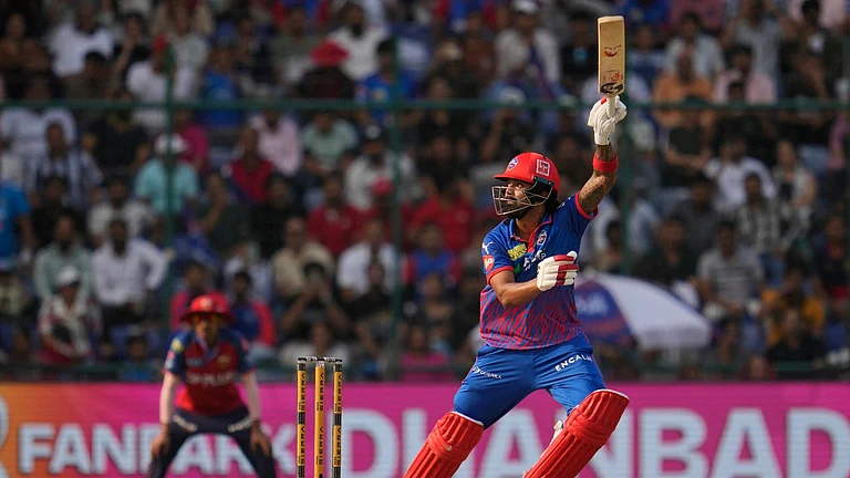 Delhi Capitals' KL Rahul plays a shot during the Indian Premier League cricket match between Delhi Capitals and Punjab Kings in New Delhi, India, Saturday, April 25, 2026. - (AP Photo/Manish Swarup)