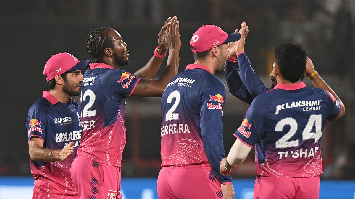 Rajasthan Royals's Jofra Archer celebrates the wicket of Sunrisers Hyderabad's Travis Head during the Indian Premier League cricket match between Rajasthan Royals and Sunrisers Hyderabad in Jaipur, India, Saturday, April 25, 2026. - (AP Photo)