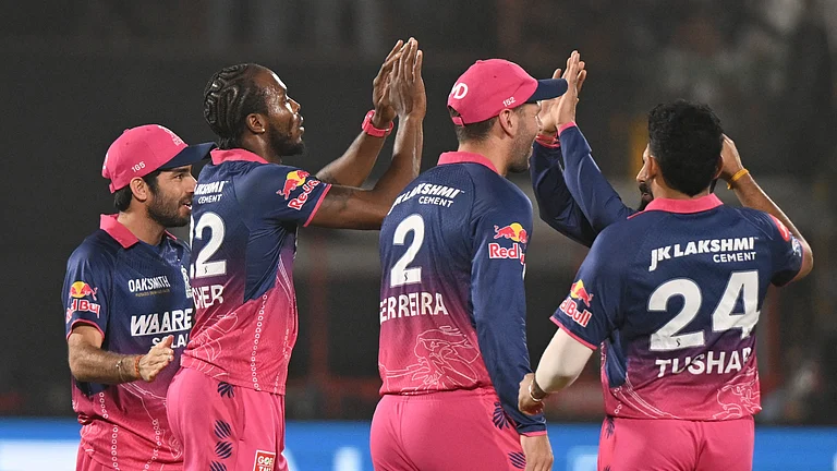 Rajasthan Royals's Jofra Archer celebrates the wicket of Sunrisers Hyderabad's Travis Head during the Indian Premier League cricket match between Rajasthan Royals and Sunrisers Hyderabad in Jaipur, India, Saturday, April 25, 2026. - (AP Photo)
