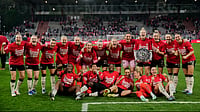 | Photo: AP/Ebrahim Noroozi : Munich players celebrate winning the German championship after a German women's Bundesliga soccer match between 1.FC Union Berlin and Bayern Munich in Berlin, Germany, Wednesday, April 22, 2026.