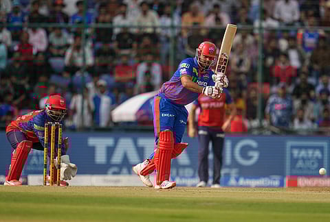 Delhi Capitals' Nitish Rana plays a shot during the Indian Premier League cricket match between Delhi Capitals and Punjab Kings in New Delhi.