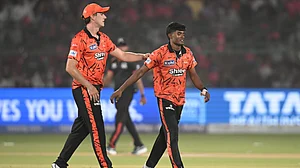 | Photo: AP : Sunrisers Hyderabad's Pat Cummins cheers bowler Sakib Hussain during the Indian Premier League cricket match between Rajasthan Royals and Sunrisers Hyderabad in Jaipur, India, Saturday, April 25, 2026.