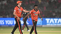 IPL Dispatch: Ngidi Suffers Scary Head Injury; Captain Cummins Takes Charge For SRH | Photo: AP : Sunrisers Hyderabad's Pat Cummins cheers bowler Sakib Hussain during the Indian Premier League cricket match between Rajasthan Royals and Sunrisers Hyderabad in Jaipur, India, Saturday, April 25, 2026.