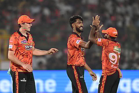Sunrisers Hyderabad's Praful Hinge celebrates the wicket of Rajasthan Royals' Shimron Hetmyer during the Indian Premier League cricket match between Rajasthan Royals and Sunrisers Hyderabad in Jaipur.