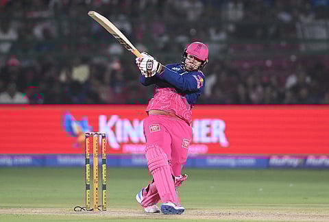 Rajasthan Royals' Vaibhav Sooryavanshi hits a six during the Indian Premier League cricket match between Rajasthan Royals and Sunrisers Hyderabad in Jaipur.