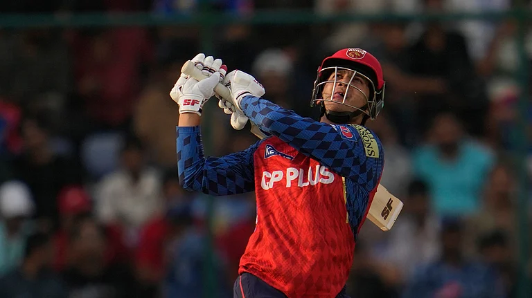 Punjab Kings' Priyansh Arya hits a six during the Indian Premier League cricket match between Delhi Capitals and Punjab Kings in New Delhi, India, Saturday, April 25, 2026. - (AP Photo/Manish Swarup)
