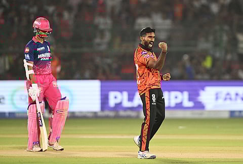 Sunrisers Hyderabad's Eshan Malinga celebrates the wicket of Rajasthan Royals' Yashasvi Jaiswal during the Indian Premier League cricket match between Rajasthan Royals and Sunrisers Hyderabad in Jaipur.