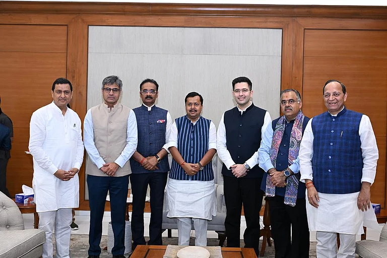 MPs Raghav Chadha, Sandeep Pathak and Ashok Mittal with Nitin Nabin announced their exit from AAP and merger with the BJP
Source: Special Arrangement - null