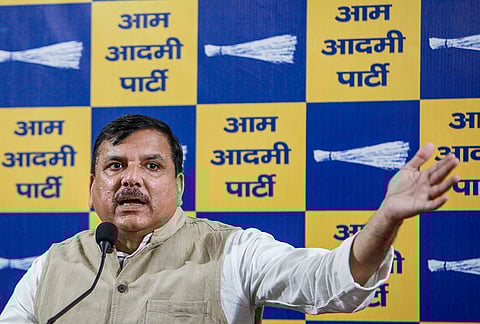 AAP MP Sanjay Singh addresses a press conference, at the party office, in New Delhi.