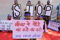 SURESH K PANDEY : Sanitation workers from multiple states said they are forced into the work due to caste identity and lack basic safety gear while handling hazardous sewage. at Jantar Mantar in New Delhi on March 25, 2026. 