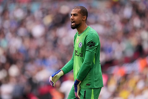 Chelsea's goalkeeper Robert Sanchez reacts during the FA Cup semifinal soccer match between Chelsea and Leeds in London, England.