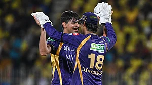 AP : Kartik Tyagi celebrates the wicket of Dewald Brevis during the Indian Premier League match between Chennai Super Kings and Kolkata Knight Riders in Chennai.