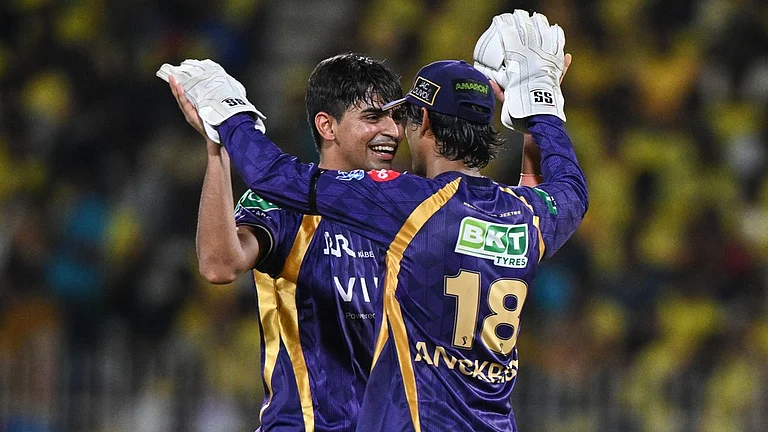 Kartik Tyagi celebrates the wicket of Dewald Brevis during the Indian Premier League match between Chennai Super Kings and Kolkata Knight Riders in Chennai. - AP