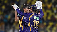 AP : Kartik Tyagi celebrates the wicket of Dewald Brevis during the Indian Premier League match between Chennai Super Kings and Kolkata Knight Riders in Chennai.