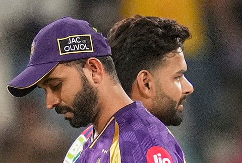 Kolkata Knight Riders captain Ajinkya Rahane, left, and Lucknow Super Giants' captain Rishabh Pant during the toss before an Indian Premier League (2026) T20 cricket match between Lucknow Super Giants and Kolkata Knight Riders, in Lucknow, Uttar Pradesh.