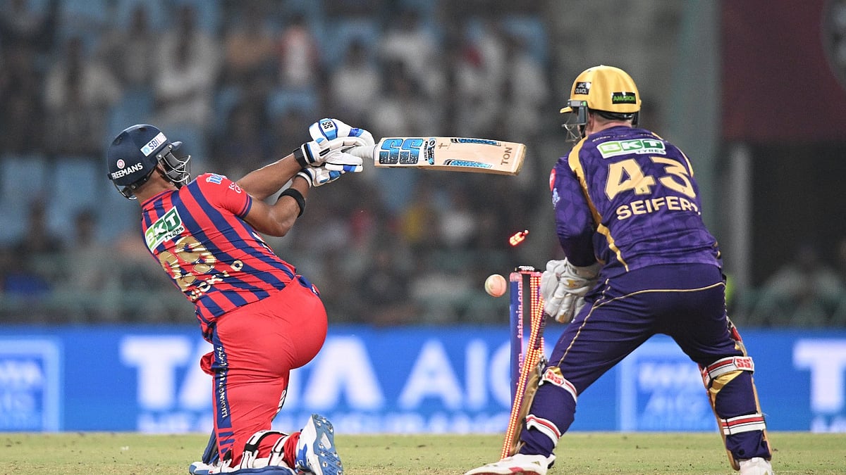 Lucknow Super Giants' Nicholas Pooran is bowled out by Kolkata Knight Riders' Sunil Narine during the super over of the Indian Premier League cricket match between Kolkata Knight Riders and Lucknow Super Giants in Lucknow, India, Sunday, April 26, 2026.(AP Photo) - AP Photo