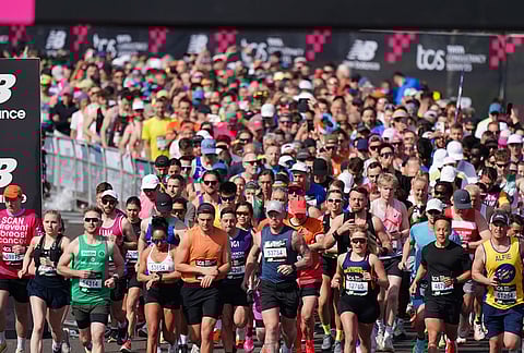 Runners take part in the 2026 London Marathon.