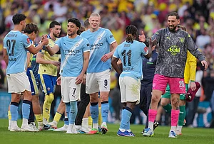 | Photo: AP/Kin Cheung : Manchester City players celebrate after the FA Cup semifinal soccer match between Manchester City and Southampton in Manchester, England.