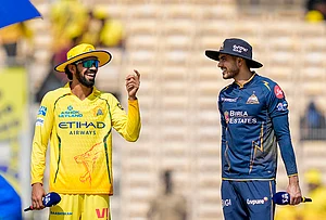 | Photo: PTI/R Senthilkumar : Chennai Super Kings’ captain Ruturaj Gaikwad, left, and Gujarat Giants’ captain Shubman Gill during the toss before an Indian Premier League (IPL) T20 cricket match between Chennai Super Kings and Gujarat Titans, in Chennai, Tamil Nadu.