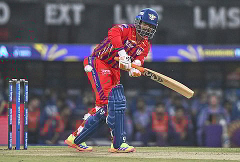 Lucknow Super Giants' captain Rishabh Pant plays a shot during the Indian Premier League cricket match between Kolkata Knight Riders and Lucknow Super Giants in Lucknow.