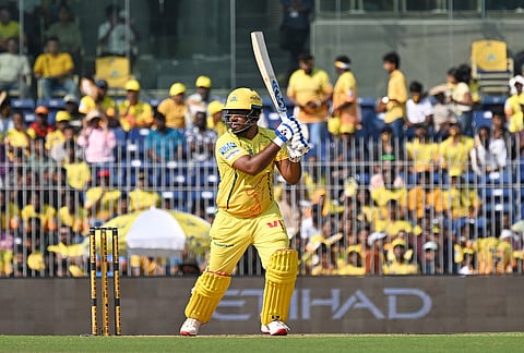 Chennai Super Kings' Sanju Samson plays a shot during the Indian Premier League cricket match between Chennai Super Kings and Gujarat Titans in Chennai.