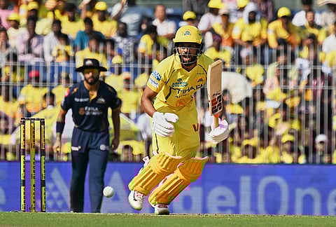 Chennai Super Kings' captain Ruturaj Gaikwad reacts after playing a shot during the Indian Premier League cricket match between Chennai Super Kings and Gujarat Titans in Chennai.