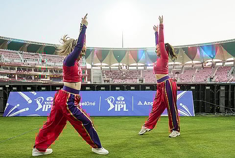 Cheerleaders perform during the Indian Premier League (2026) T20 cricket match between Lucknow Super Giants and Kolkata Knight Riders, in Lucknow, Uttar Pradesh.