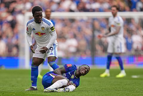 Chelsea's Moises Caicedo reacts during the FA Cup semifinal soccer match between Chelsea and Leeds in London, England.