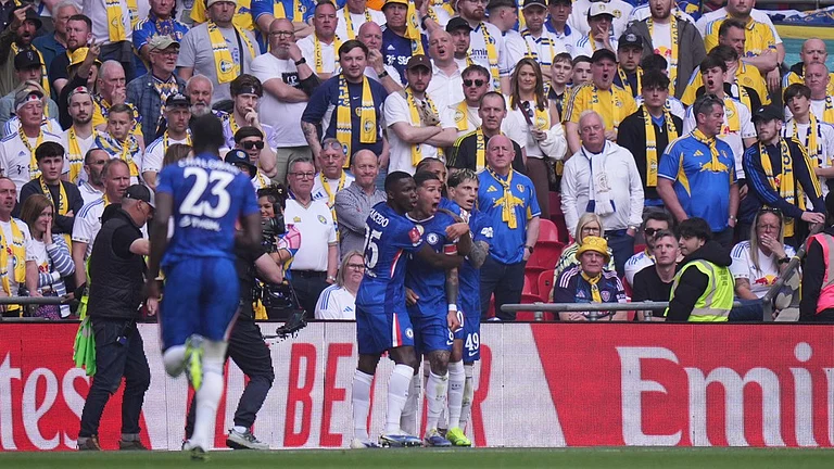 Enzo Fernandez, centre, celebrates after scoring the opening goal during the FA Cup semi-final between Chelsea and Leeds in London. - Photo: AP/Alastair Grant