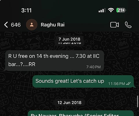 A WhatsApp conversation between Raghu Rai and Samar Jodha.