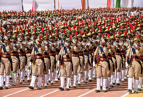 Newly recruited UP police constables participate in a passing-out parade, in Moradabad.