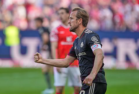 Bayern's Harry Kane reacts during a Bundeliga soccer match between Mainz and Bayern in Mainz,Germany.