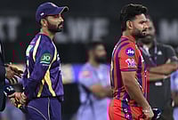 Lucknow Super Giants Vs Kolkata Knight Riders Match 38 IPL 2026: See Best Photos From Ekana Stadium | Photo: AP : Lucknow Super Giants' captain Rishabh Pant, right, and Kolkata Knight Riders' captain Ajinkya Rahane waits for the toss of the Indian Premier League cricket match between Kolkata Knight Riders and Lucknow Super Giants in Lucknow.