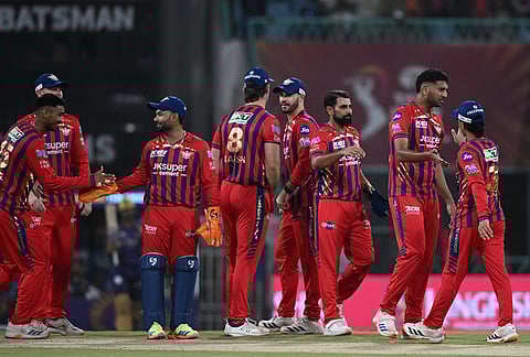 Lucknow Super Giants players celebrates the wicket of Kolkata Knight Riders' Tim Seifert during the Indian Premier League cricket match between Kolkata Knight Riders and Lucknow Super Giants in Lucknow.