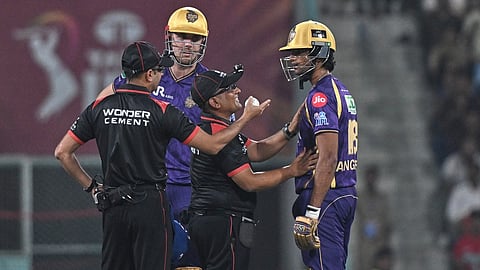 Angkrish Raghuvanshi, right, argues with the umpires after being given out during the Indian Premier League match between Kolkata Knight Riders and Lucknow Super Giants in Lucknow.