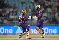 | Photo: PTI/Kamal Kishore : Kolkata Knight Riders' Rinku Singh, left, and Rovman Powell celebrate after winning the Indian Premier League (IPL) 2026 T20 cricket match between Lucknow Super Giants and Kolkata Knight Riders in a super over, in Lucknow, Uttar Pradesh.