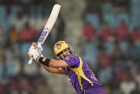 Kolkata Knight Riders' Ajinkya Rahane plays a shot during the Indian Premier League (2026) T20 cricket match between Lucknow Super Giants and Kolkata Knight Riders, in Lucknow, Uttar Pradesh.
