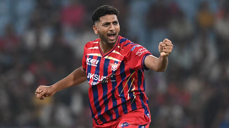 Lucknow Super Giants' Mohsin Khan celebrates the wicket of Kolkata Knight Riders' Rovman Powell during the Indian Premier League cricket match between Kolkata Knight Riders and Lucknow Super Giants in Lucknow. - AP Photo