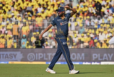 Gujarat Titans' Mohammed Siraj gestures in the field during the Indian Premier League cricket match between Chennai Super Kings and Gujarat Titans in Chennai.