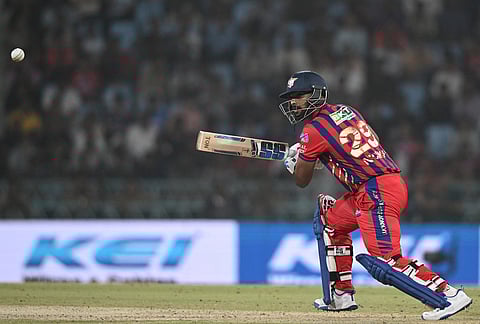 Lucknow Super Giants' Nicholas Pooran plays a shot during the Indian Premier League cricket match between Kolkata Knight Riders and Lucknow Super Giants in Lucknow.