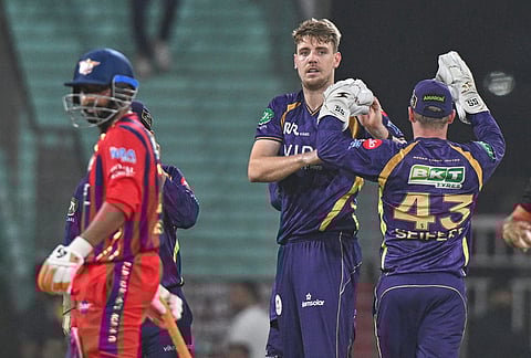 Kolkata Knight Riders' Cameron Green celebrates with teammates the wicket of Lucknow Super Giants' Aiden Markram during the Indian Premier League cricket match between Kolkata Knight Riders and Lucknow Super Giants in Lucknow.