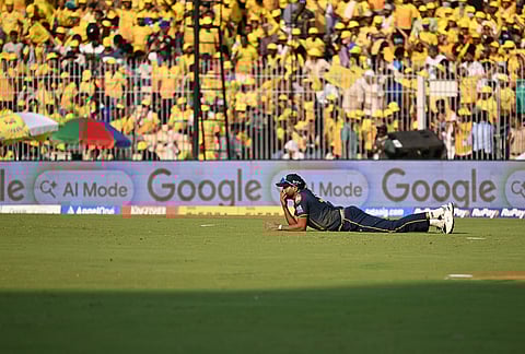 Gujarat Titans' Mohammed Siraj reacts after dropping Chennai Super Kings' Shivam Dube's catch during the Indian Premier League cricket match between Chennai Super Kings and Gujarat Titans in Chennai.