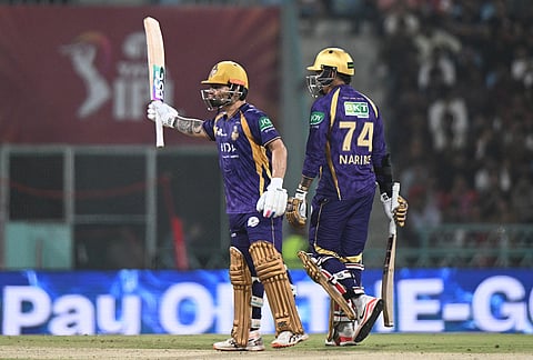 Kolkata Knight Riders' Rinku Singh celebrates his fifty runs during the Indian Premier League cricket match between Kolkata Knight Riders and Lucknow Super Giants in Lucknow.