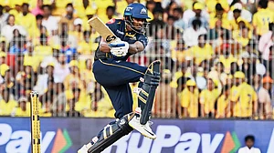 AP : Sai Sudharsan plays a shot during the Indian Premier League match between Chennai Super Kings and Gujarat Titans in Chennai.