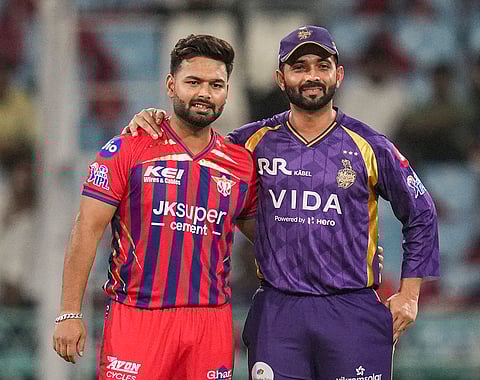 Kolkata Knight Riders captain Ajinkya Rahane, right, and Lucknow Super Giants' captain Rishabh Pant during the toss before an Indian Premier League (2026) T20 cricket match between Lucknow Super Giants and Kolkata Knight Riders, in Lucknow, Uttar Pradesh.