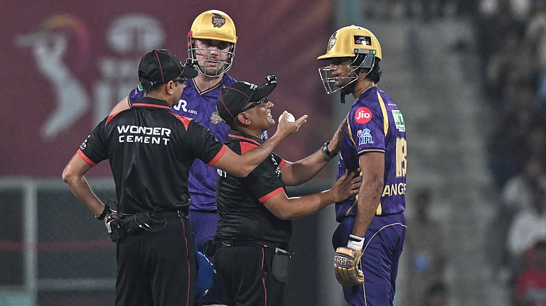 Angkrish Raghuvanshi and Cameron Green in argument with umpires after the former was adjudged out for obstructing the field during IPL 2026 clash against LSG. - AP Photo