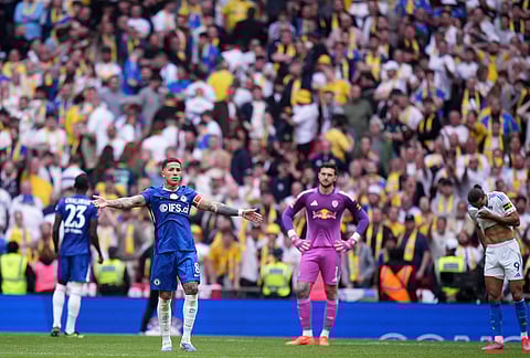 Chelsea's Enzo Fernandez celebrates at the the end of the FA Cup semifinal soccer match between Chelsea and Leeds in London, England.