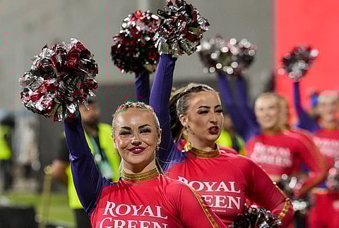 Cheerleaders perform during the Indian Premier League (2026) T20 cricket match between Lucknow Super Giants and Kolkata Knight Riders, in Lucknow, Uttar Pradesh.
