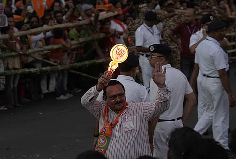 A glimpse of Prime minister Narendra Modi's  roadshow in the central kolkata for the election campaign for upcoming assembly election in West Bengal. 